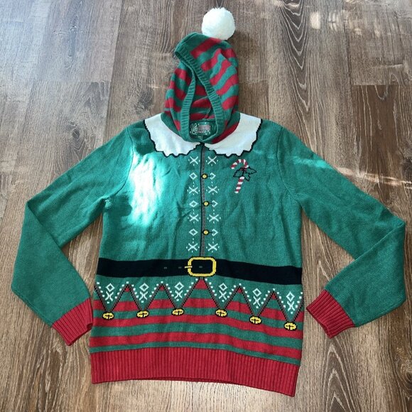 Ugly Christmas Sweater - Hooded Elf w/Pom Pom  (Medium) - Picture 2 of 9